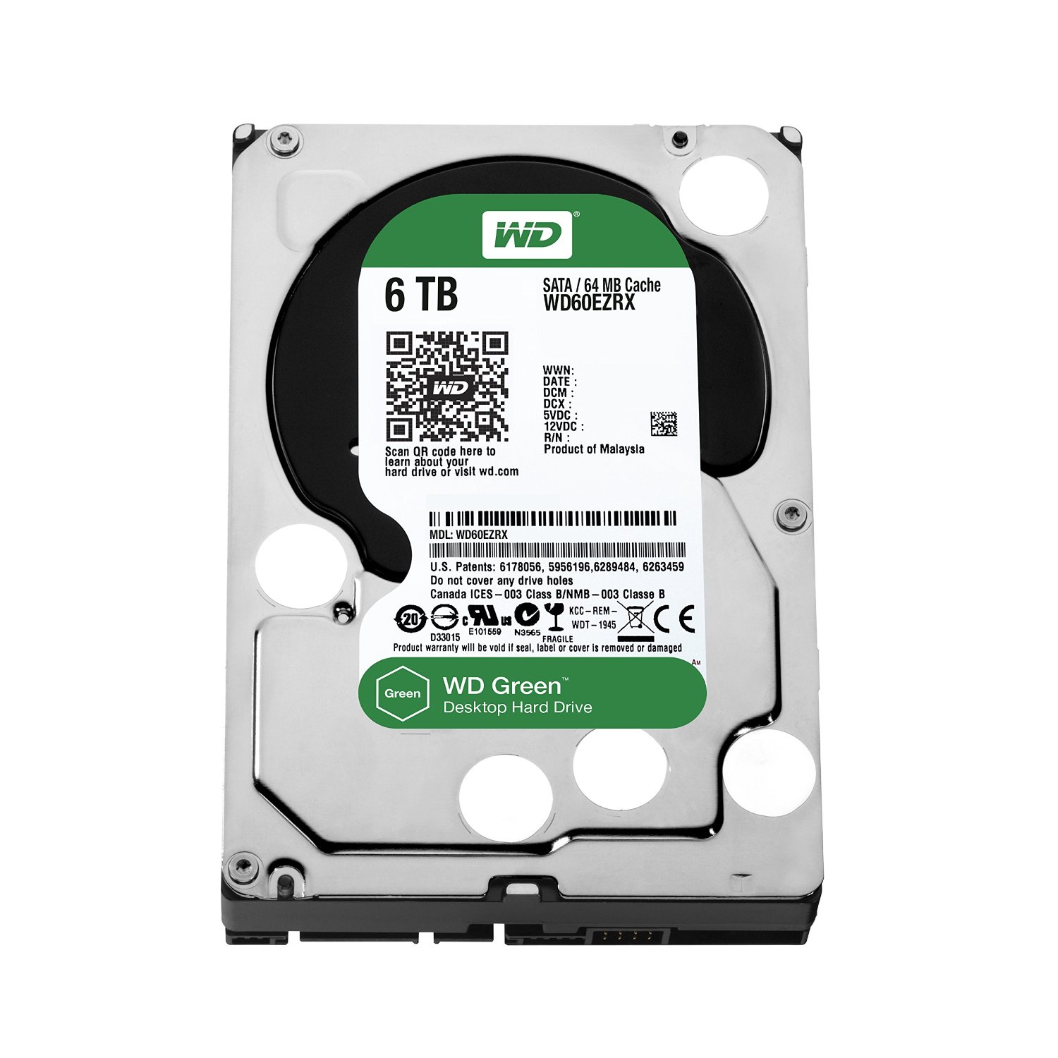 WD Green 6TB Desktop Hard Drive: 3.5-inch, SATA 6 Gb/s, IntelliPower, 64 MB Cache (WD60EZRX)